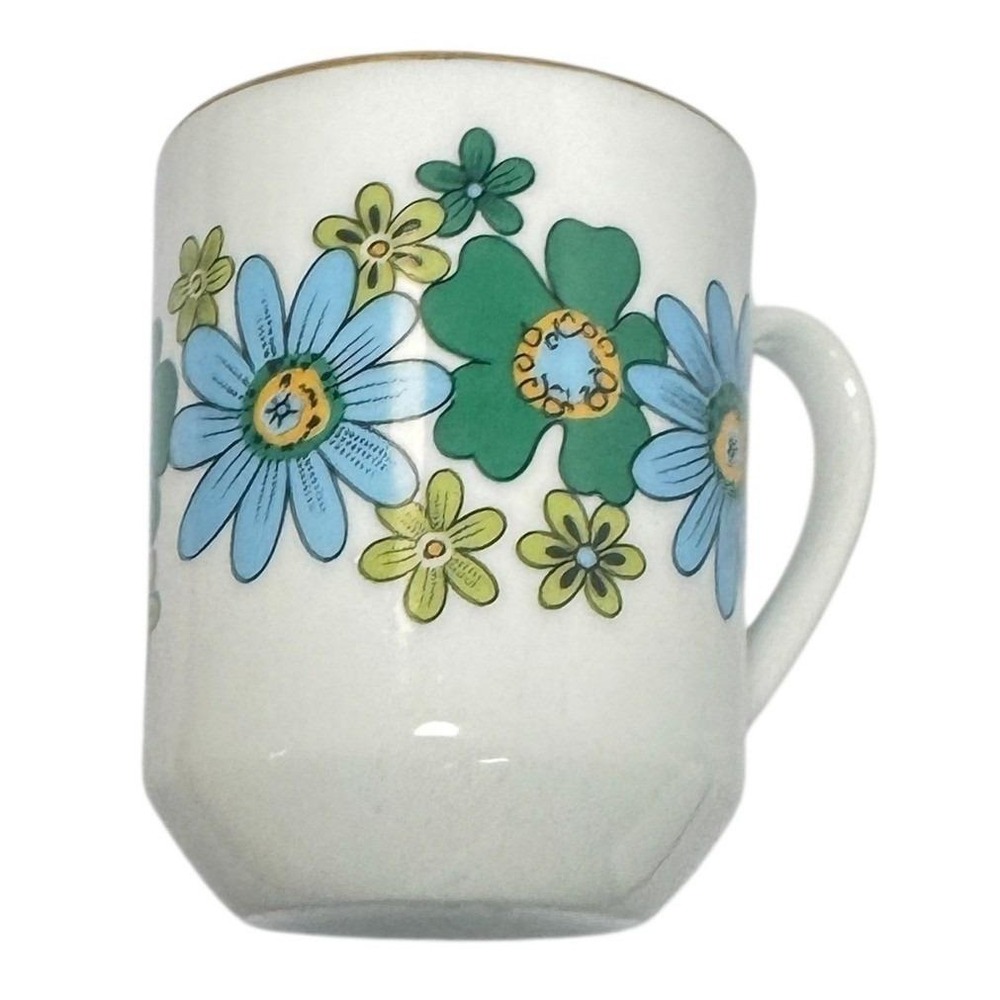 Vintage 70s Floral Coffee Mug Blue Green Daisy Gold Trim Retro MCM boho groovy